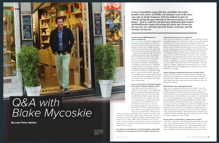 magazine article with TOMS founder Blake Mycoskie shown at coffee shop