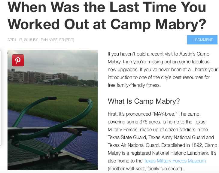 Image of article about working out at Camp Mabry