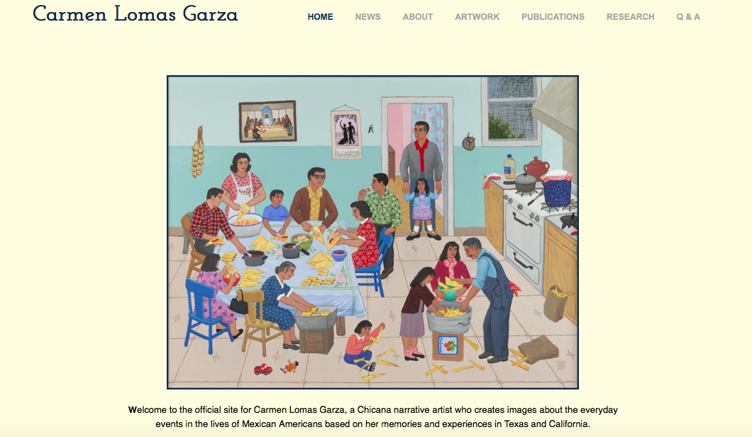 Screenshot of Carmen Lomas Garza's website and painting Tamalada