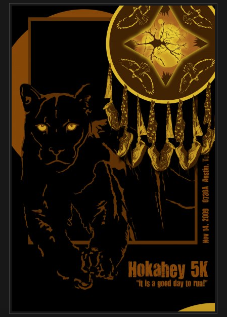 Hokahey 5K poster with black panther, eagles, and shoes hanging from bandanas