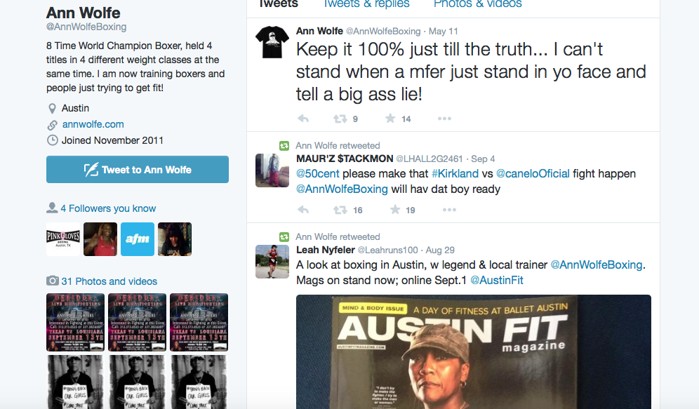 Screenshot of Twitter page for Ann Wolfe, boxer