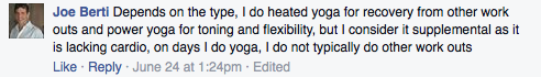 Screenshot of Facebook post about using yoga as supplement