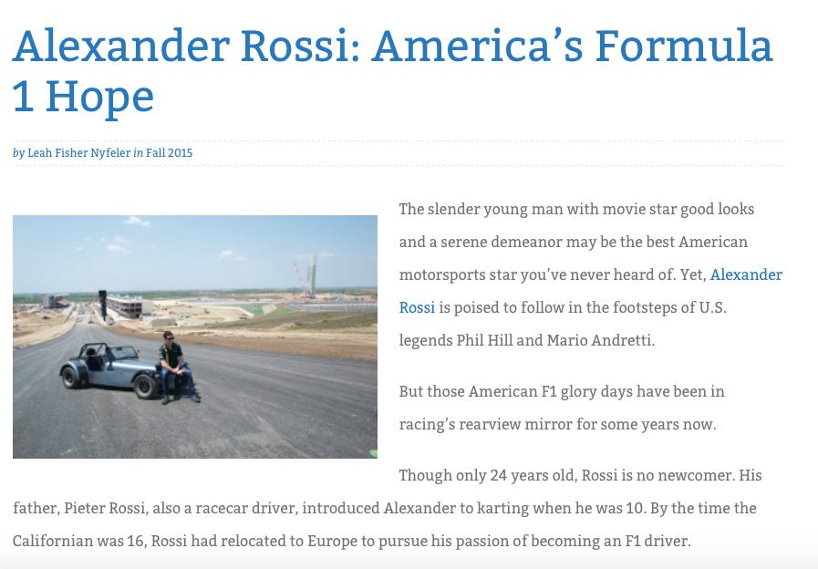 Web version of Texas Lifestyle Magazine article on Alexander Rossi