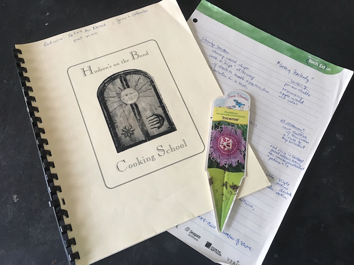Cookbook from Hudson's on the Bend Cooking School with tag from Passionflower vine plant and handwritten notes.