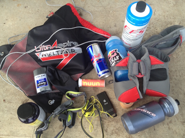 Karl Meltzer's backpack with assorted supplies for the 2013 Bandera 100K.