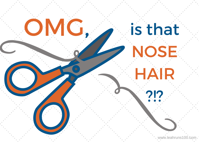 A pair of scissors clipping a hair, with caption, "OMG, is that nose hair?!?"
