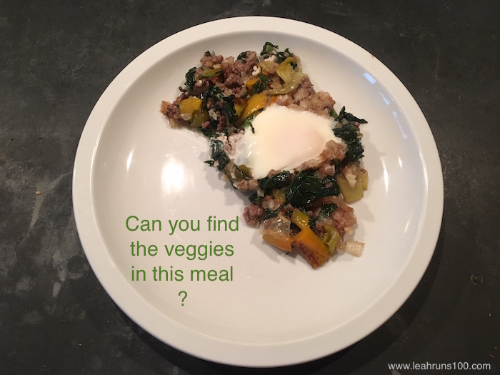 Plate with sweet potato greens hash and egg with caption, "Can you find the veggies in this meal?"