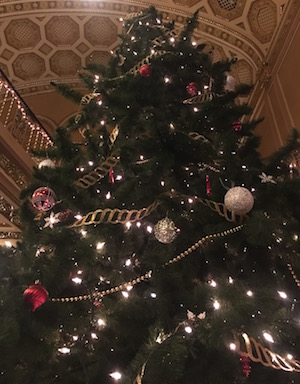 Christmas tree in lobby at Ann Arbor's restored Majestic Theater.