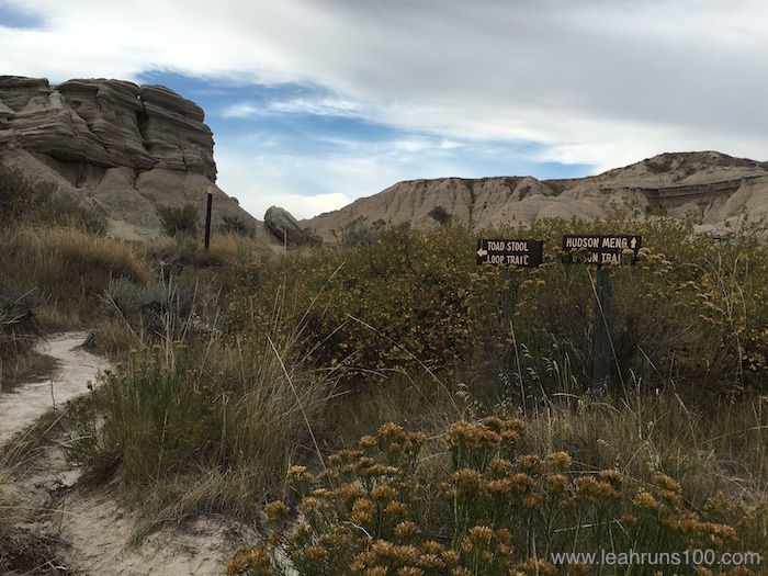 Signs marking Toadstool Loop Trail and Hudson-Meng Bison Trail in northwestern Nebraska