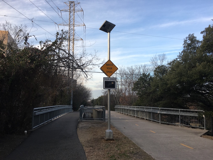 Speed monitor sign for bike traffic on Katy Trail in Dallas