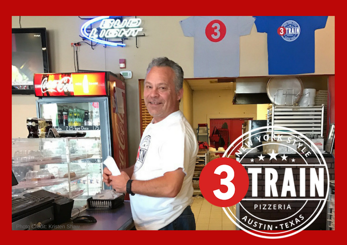 John Dellamarco behind the counter at Austin's 3 Train Pizzeria
