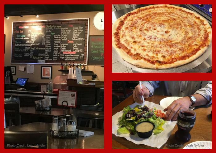 Montage of photos from interior of 3 Train Pizzeria in Austin, TX