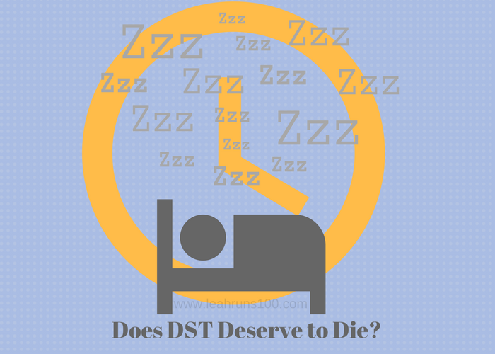 Graphic design of person sleeping in front of clock and title, "Does DST Deserve to Die?"