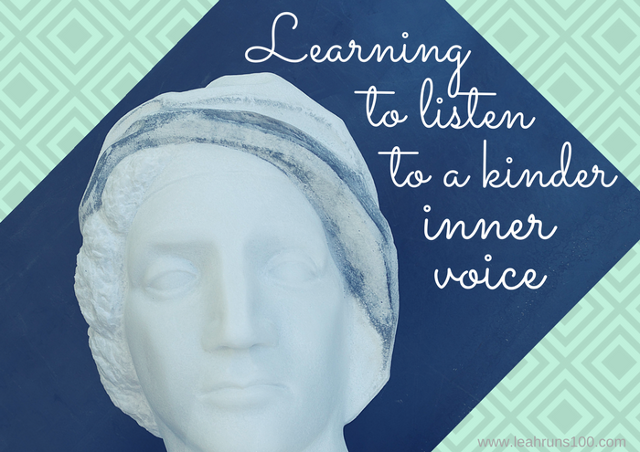Image of female marble head with script that says "learning to listen to a kinder inner voice"